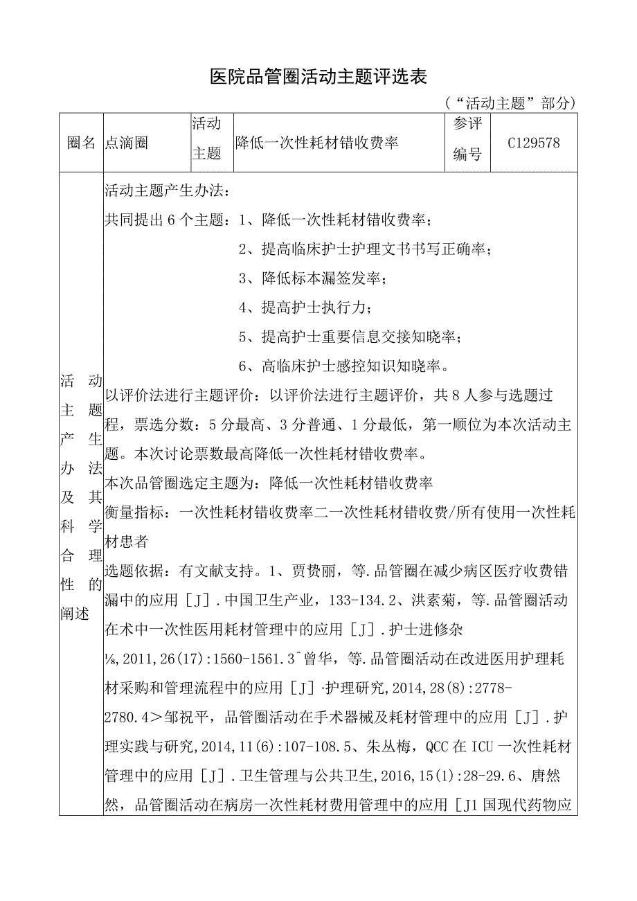 医院品管圈降低一次性耗材错收费率活动主题评选表.docx_第1页