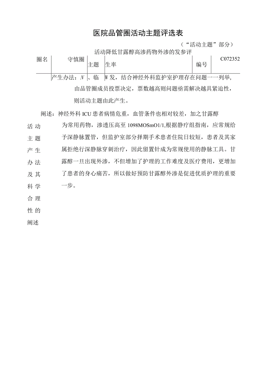 医院品管圈降低甘露醇高渗药物外渗的发生率活动主题评选表.docx_第1页