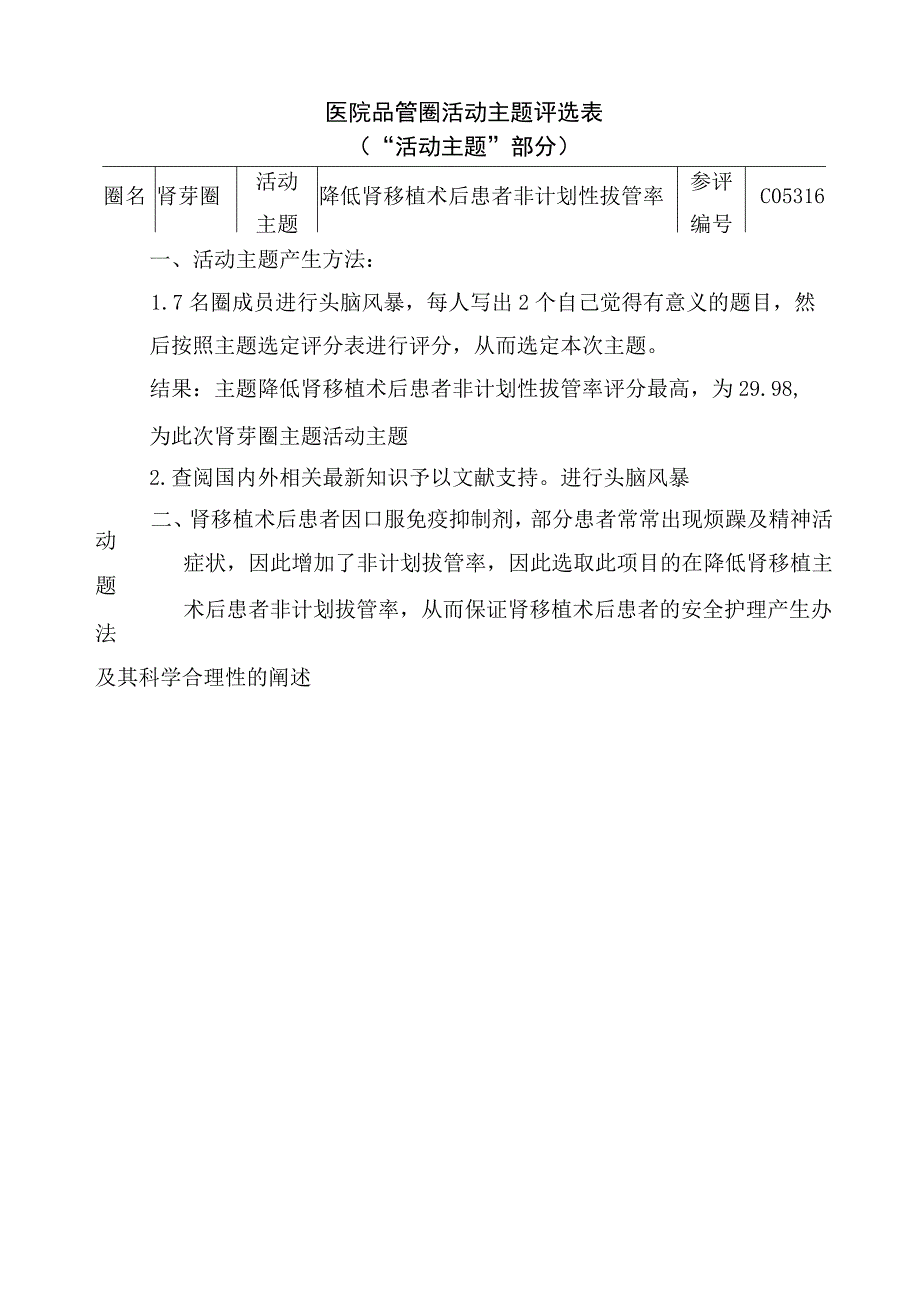 医院品管圈降低肾移植术后患者非计划性拔管率活动主题评选表.docx_第1页