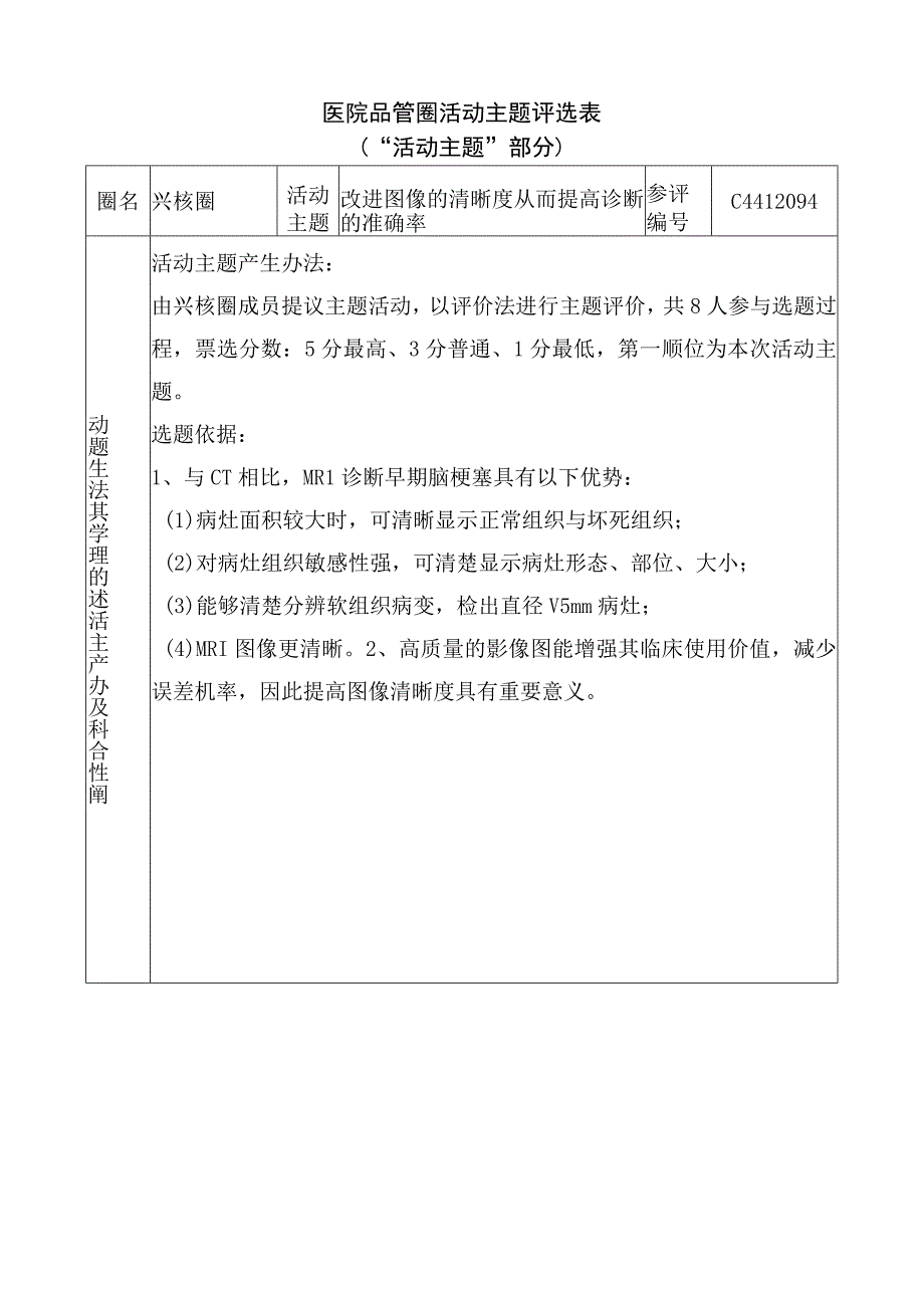 医院品管圈改进图像的清晰度从而提高诊断的准确率活动主题评选表.docx_第1页