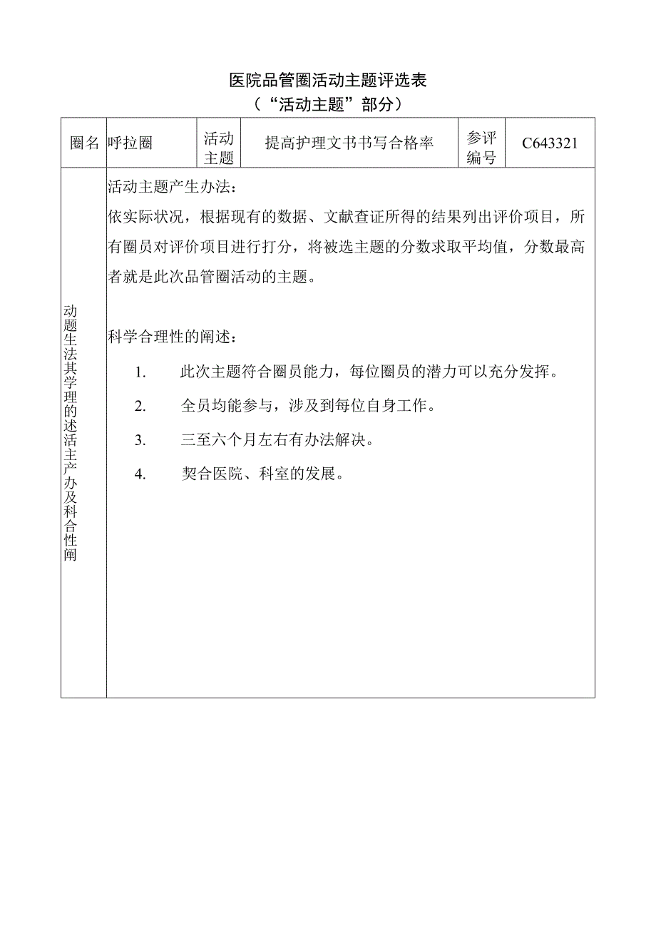 医院品管圈提高护理文书书写合格率活动主题评选表.docx_第1页