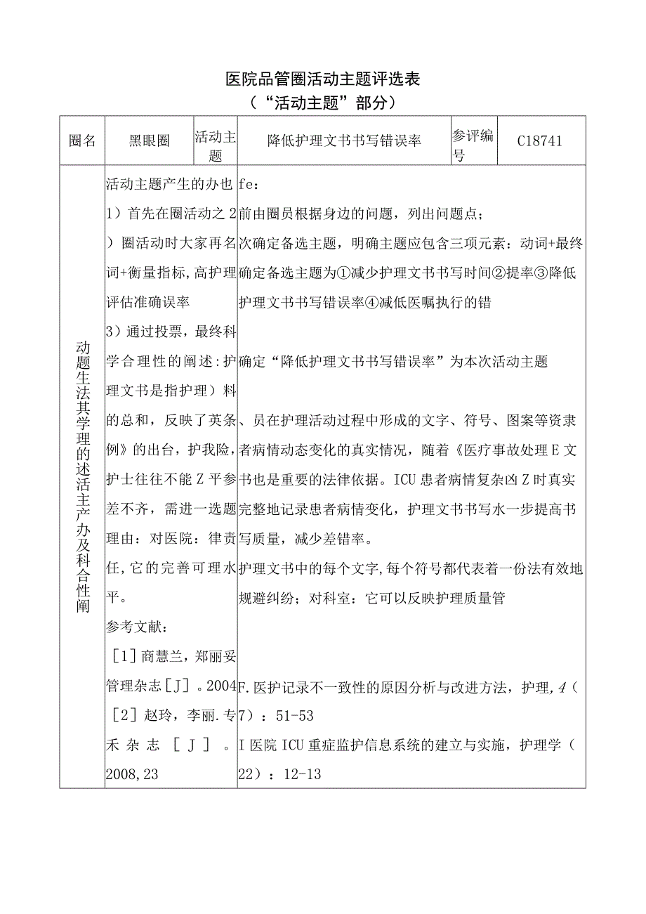 医院品管圈降低护理文书书写错误率活动主题评选表.docx_第1页