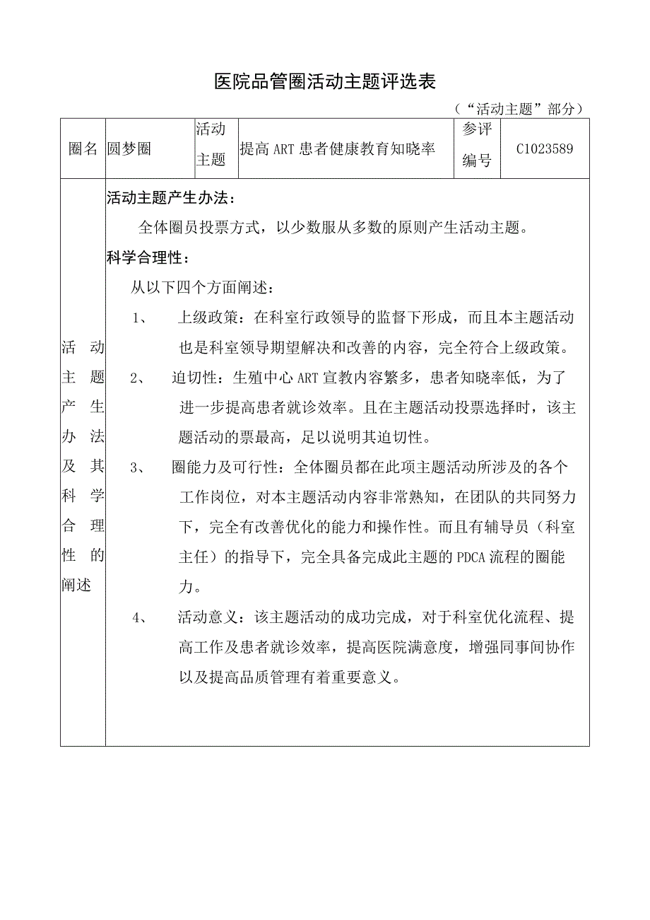 医院品管圈提高ART患者健康教育知晓率主题评选表.docx_第1页