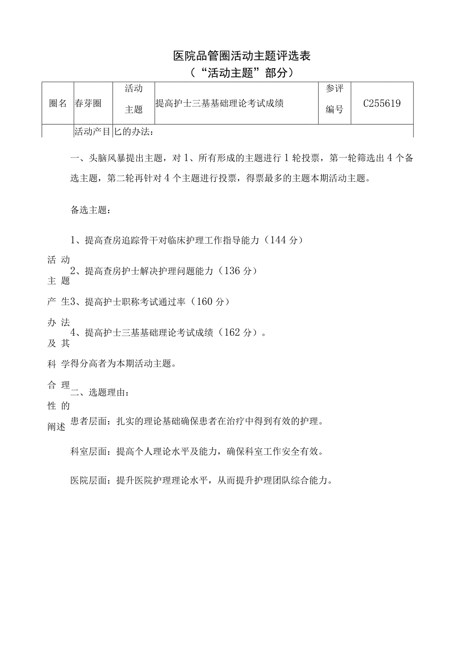 医院品管圈提高护士三基基础理论考试成绩活动主题评选表.docx_第1页