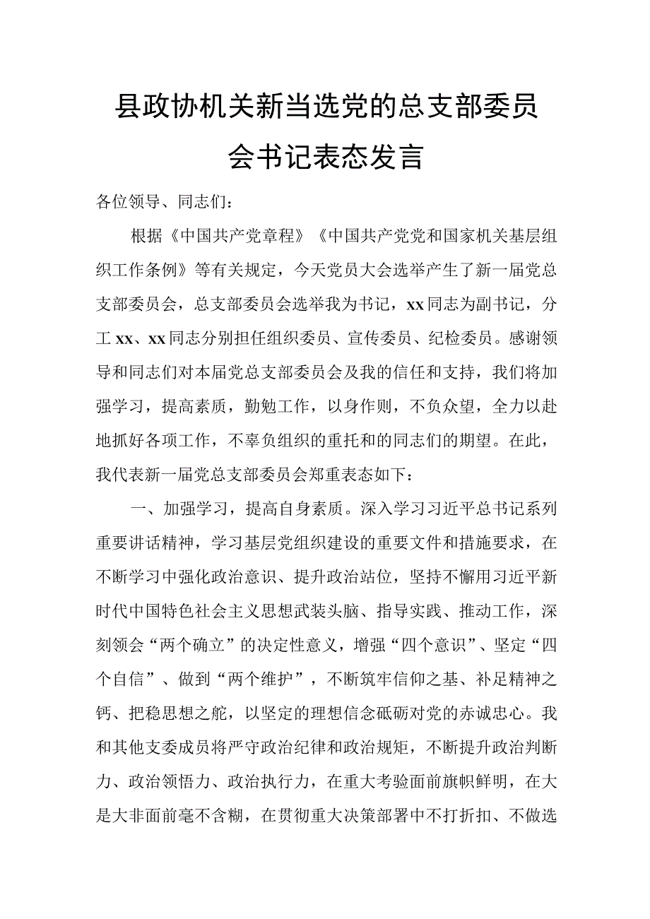 县政协机关新当选党的总支部委员会书记表态发言.docx_第1页