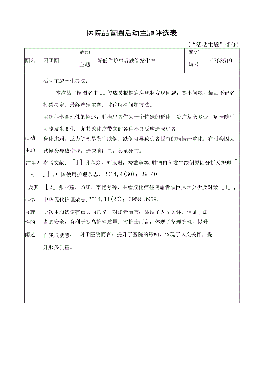 医院品管圈降低住院患者跌倒发生率活动主题评选表.docx_第1页