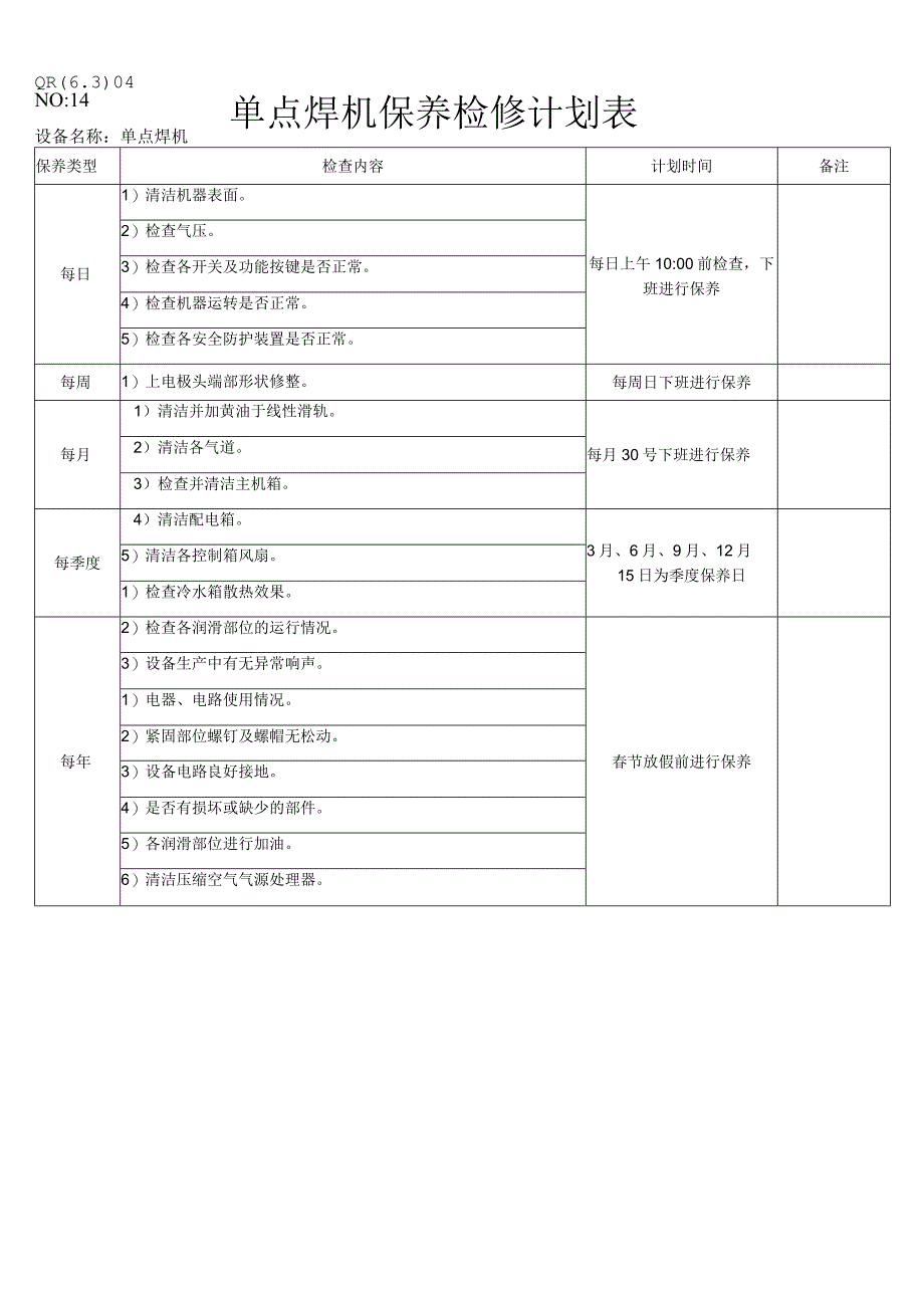 单点焊机保养检修计划表.docx_第1页