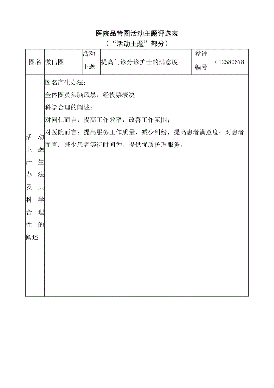 医院品管圈提高门诊分诊护士的满意度活动主题评选表.docx_第1页