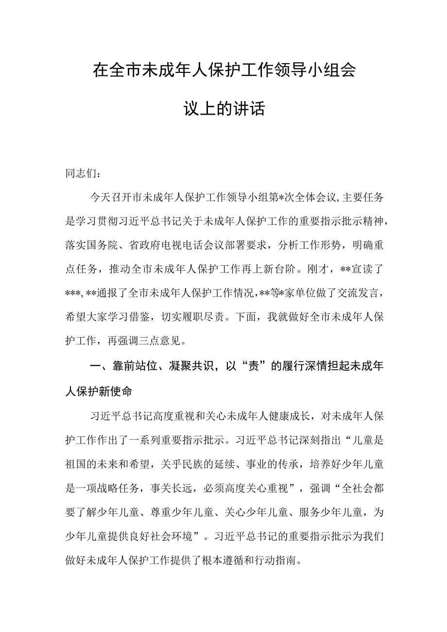 在全市未成年人保护工作领导小组会议上的讲话范文.docx_第1页