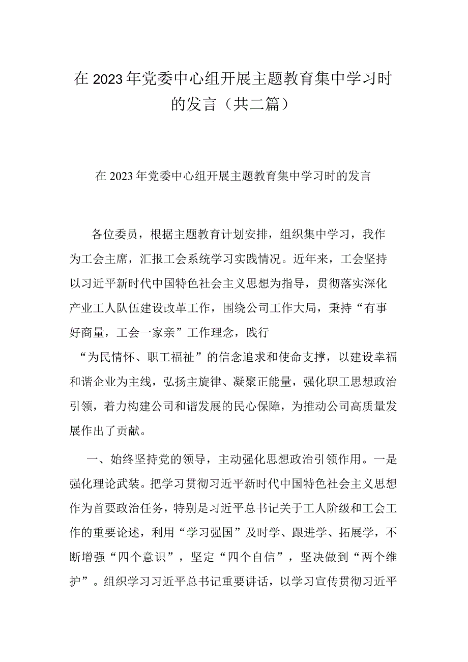 在2023年党委中心组开展主题教育集中学习时的发言(共二篇)(1).docx_第1页