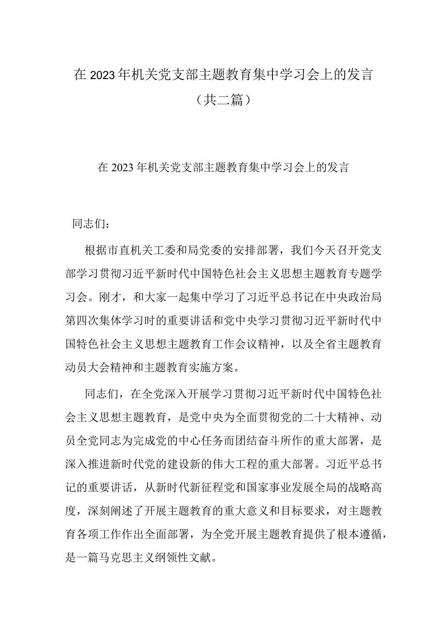 在2023年机关党支部主题教育集中学习会上的发言(共二篇).docx_第1页