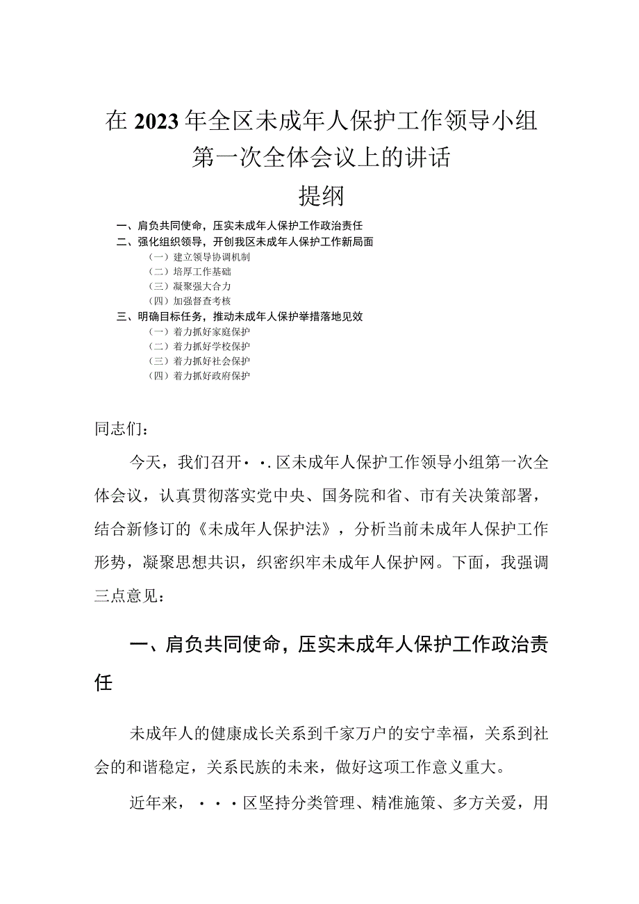 在2023年全区未成年人保护工作领导小组第一次全体会议上的讲话.docx_第1页