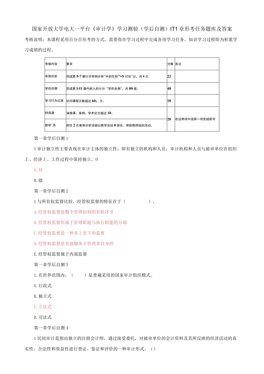 国家开放大学电大一网一平台审计学学习测验学后自测111章形考任务题库及答案.docx_第1页