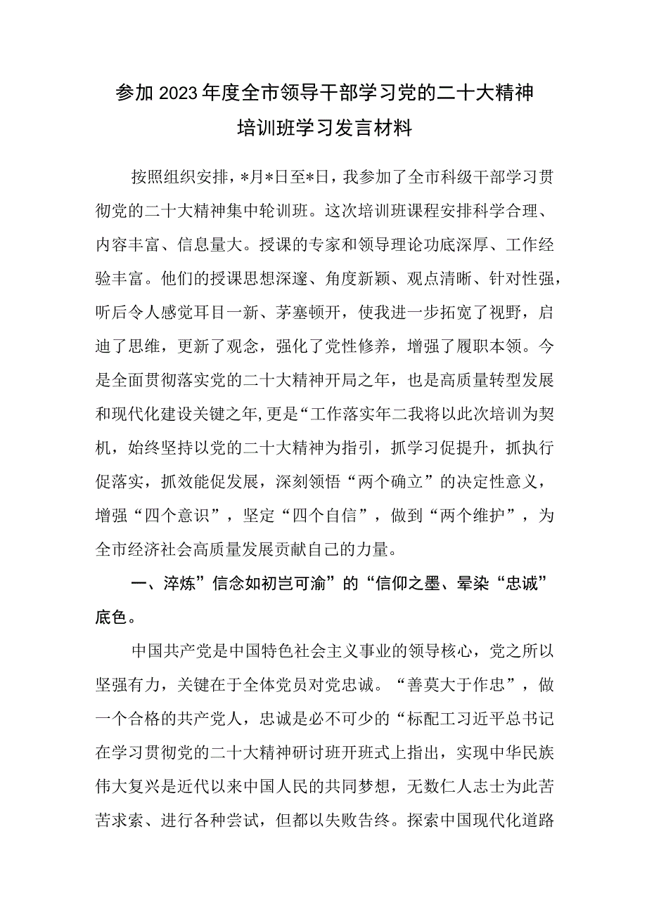 参加2023年全市领导干部学习党的二十大精神培训班学习研讨座谈发言材料.docx_第1页