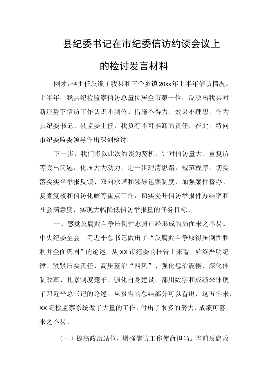 县纪委书记在市纪委信访约谈会议上的检讨发言材料.docx_第1页