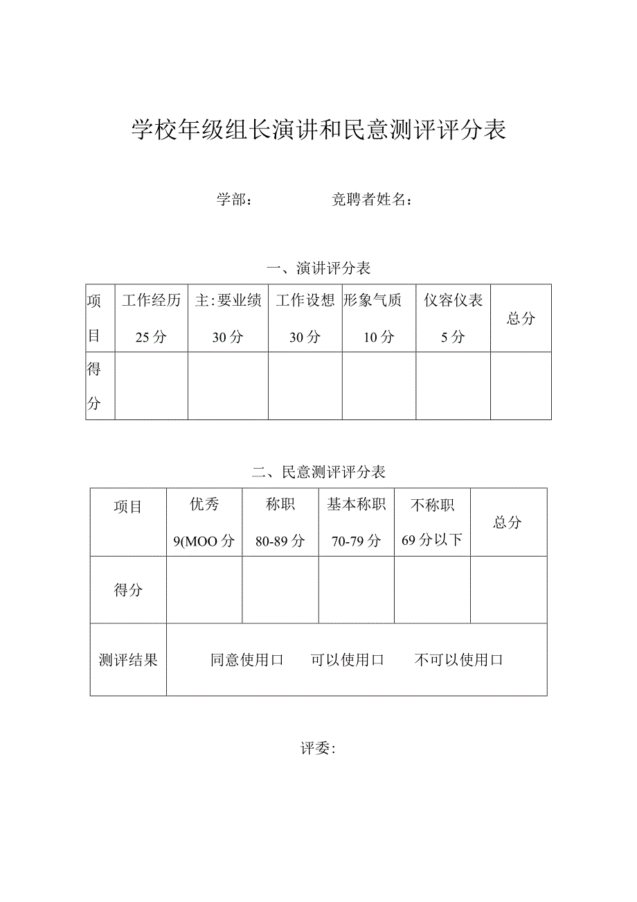 学校年级组长演讲和民意测评评分表.docx_第1页