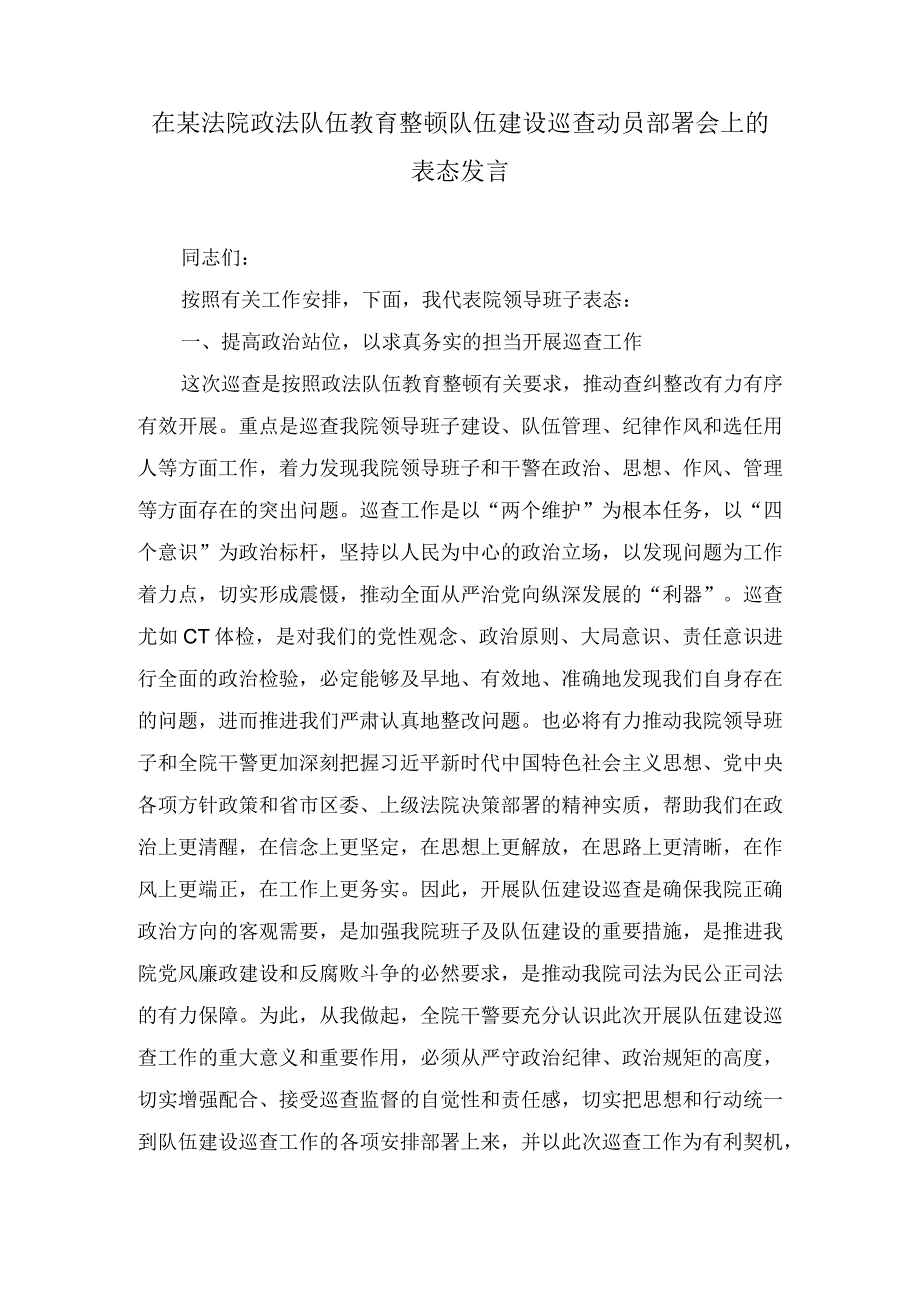 在某法院政法队伍教育整顿队伍建设巡查动员部署会上的表态发言.docx_第1页