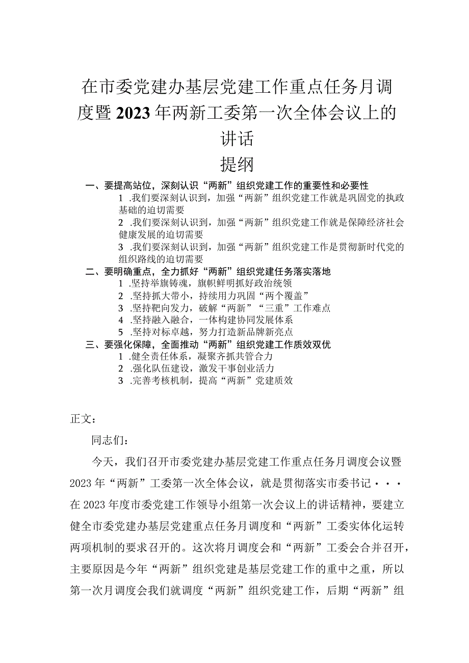 在市委党建办基层党建工作重点任务月调度暨2023年两新工委第一次全体会议上的讲话.docx_第1页