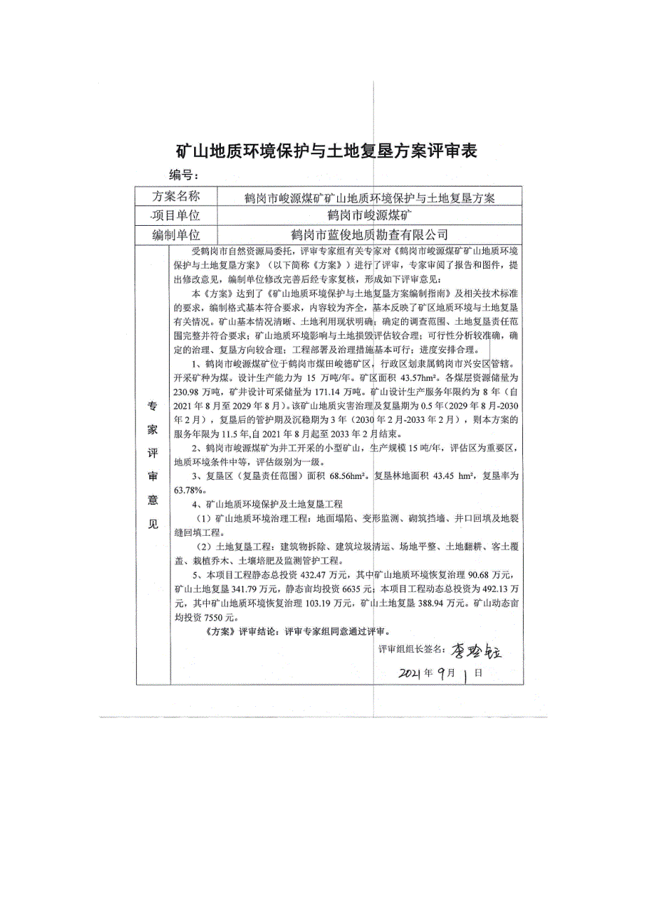 鹤岗市峻源煤矿矿山地质环境保护与土地复垦方案评审表.doc_第1页