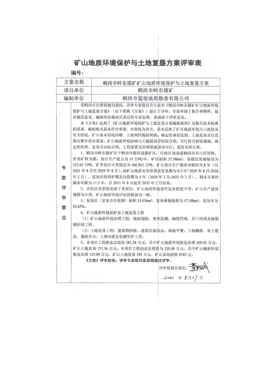 鹤岗市岭东煤矿矿山地质环境保护与土地复垦方案评审表.doc_第1页