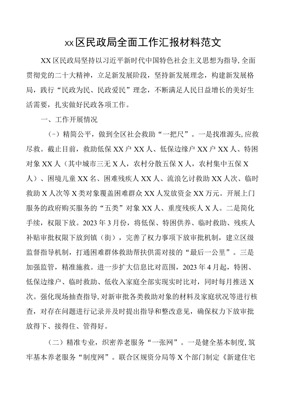 区民政局全面工作汇报总结报告.docx_第1页