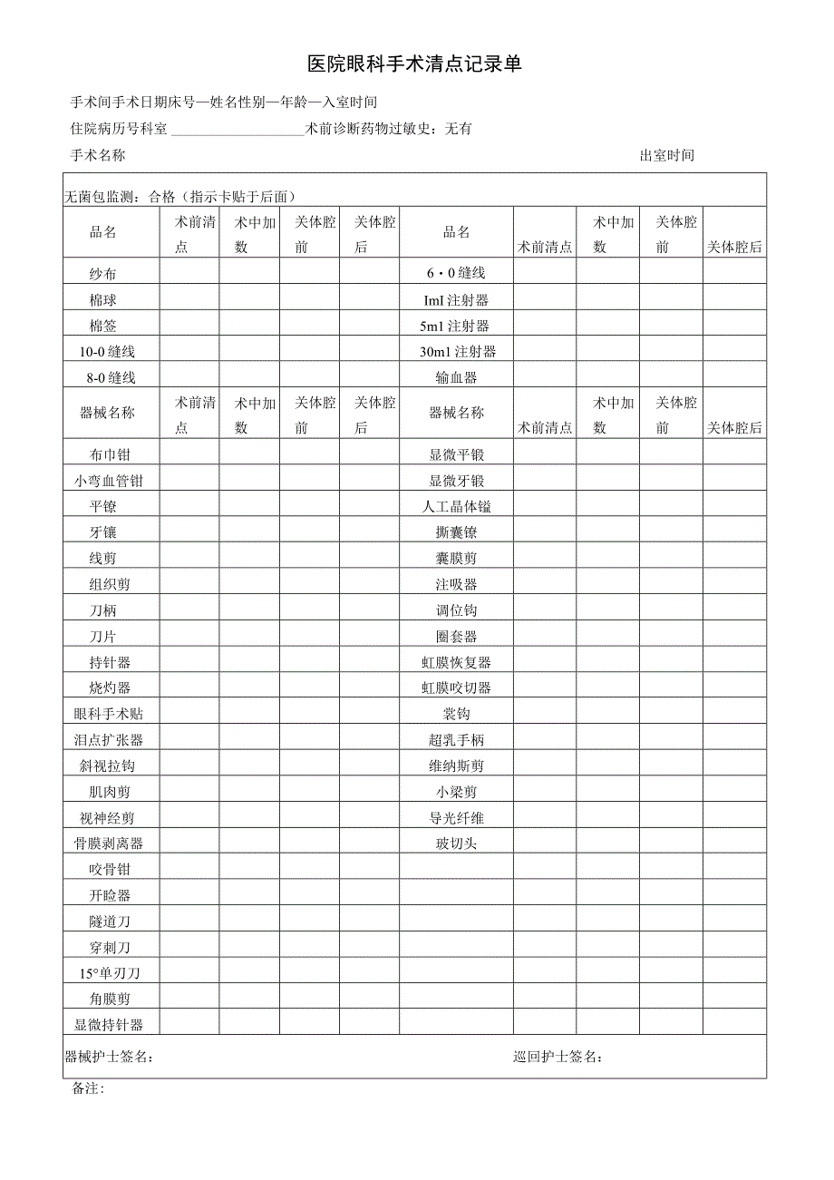 医院眼科手术清点记录单.docx_第1页