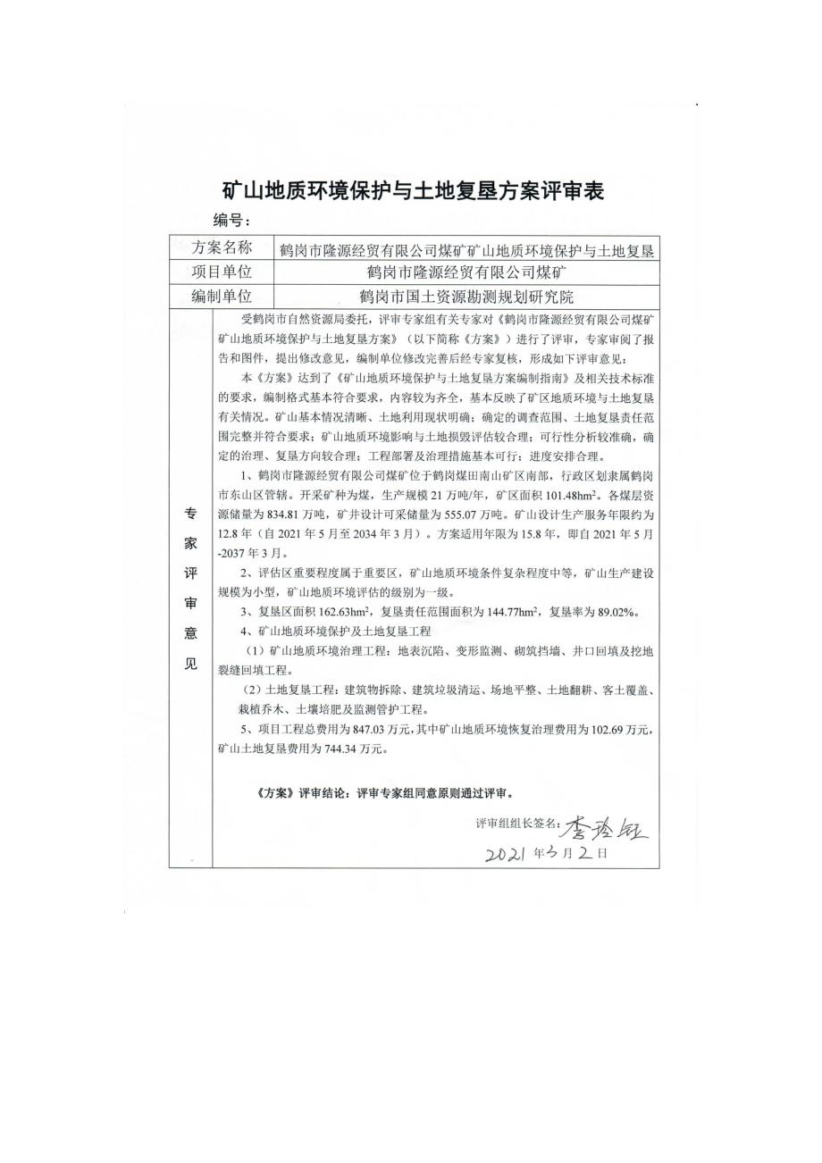 鹤岗市隆源经贸有限公司煤矿矿山地质环境保护与土地复垦方案评审表.doc_第1页