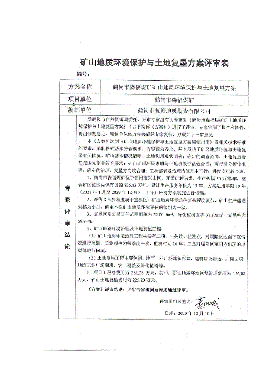 鹤岗市森福煤矿矿山地质环境保护与土地复垦方案评审表.doc_第1页