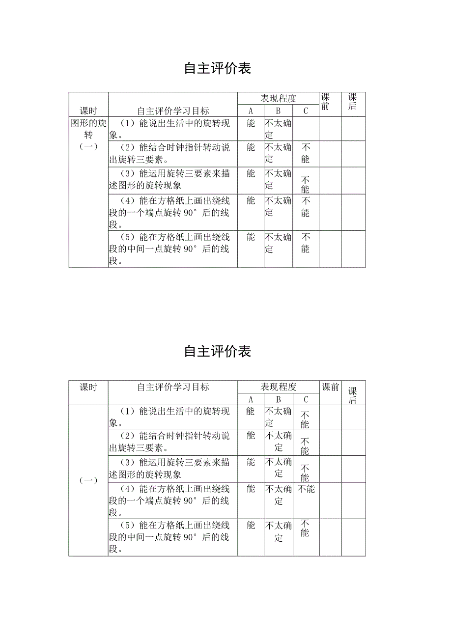 北师大六下第三单元《图形的旋转（一）》自主评价表.docx_第1页