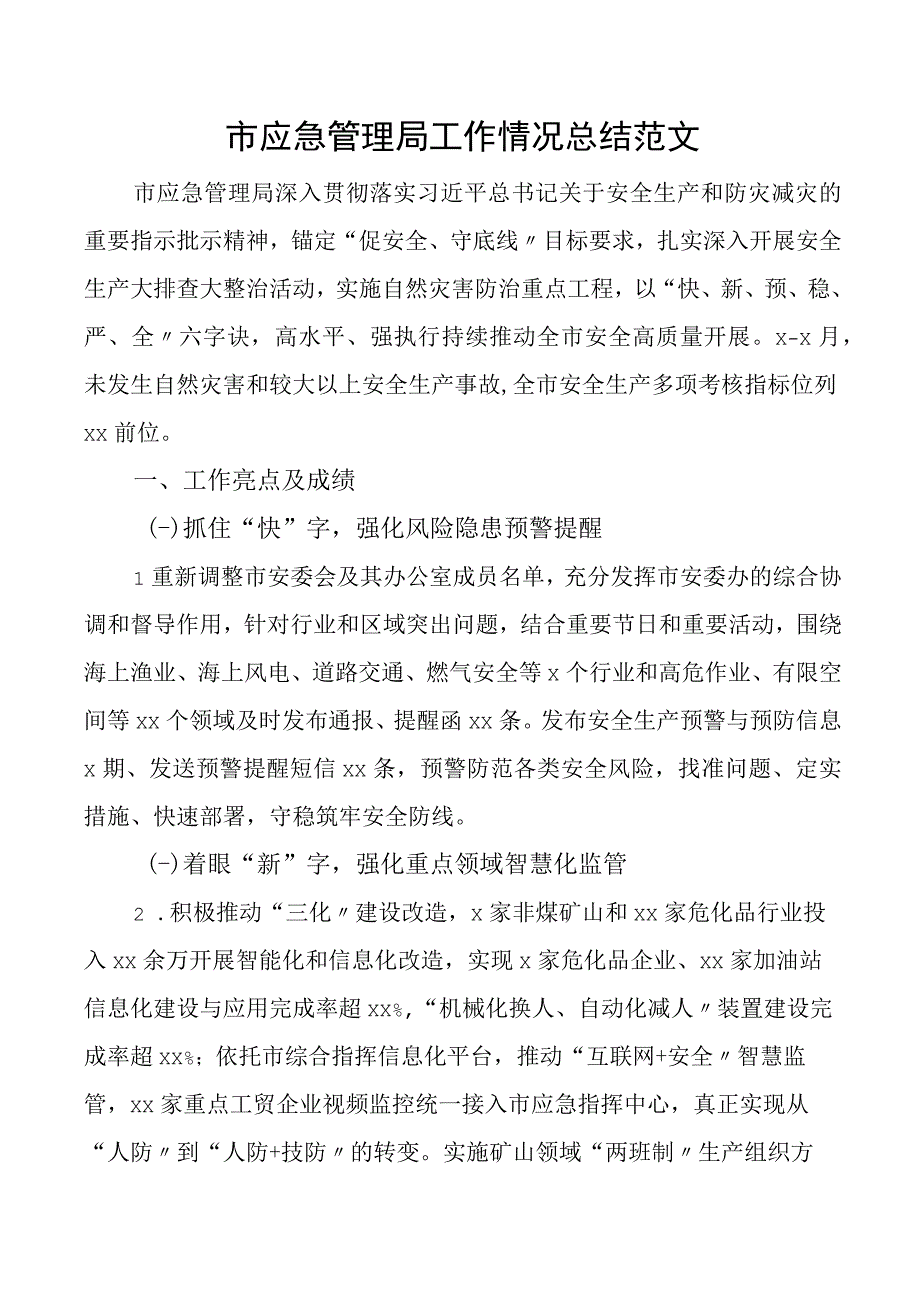 市应急管理局工作情况总结执行力安全生产亮点成绩和问题工作汇报报告.docx_第1页