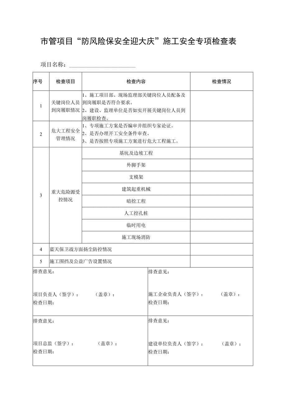 市管项目“防风险保安全迎大庆”施工安全专项检查表.docx_第1页