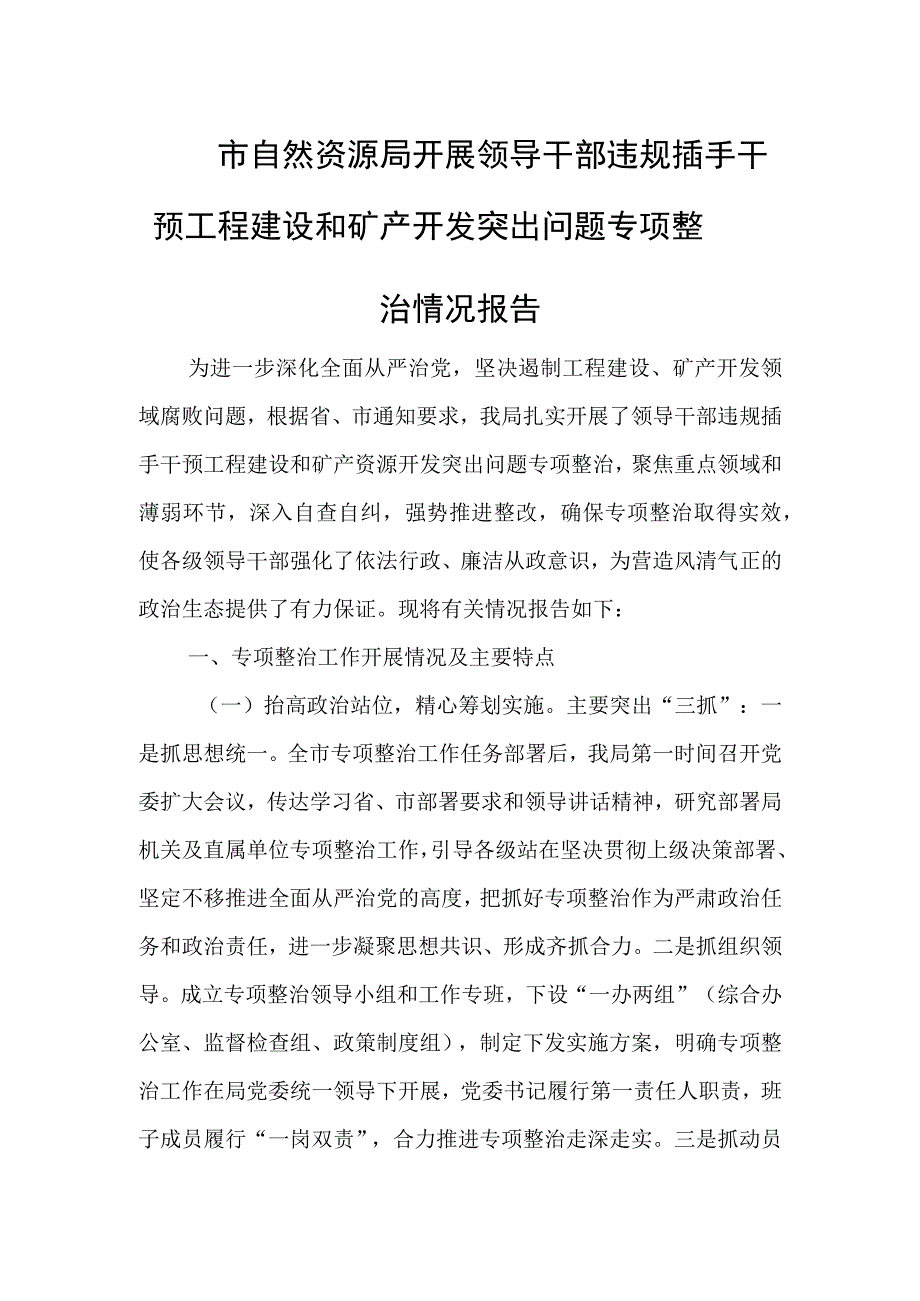 市自然资源局开展领导干部违规插手干预工程建设和矿产开发突出问题专项整治情况报告.docx_第1页