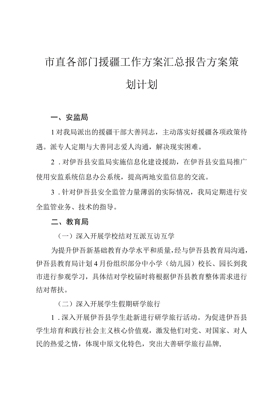 市直各部门援疆工作方案汇总报告方案策划计划.docx_第1页