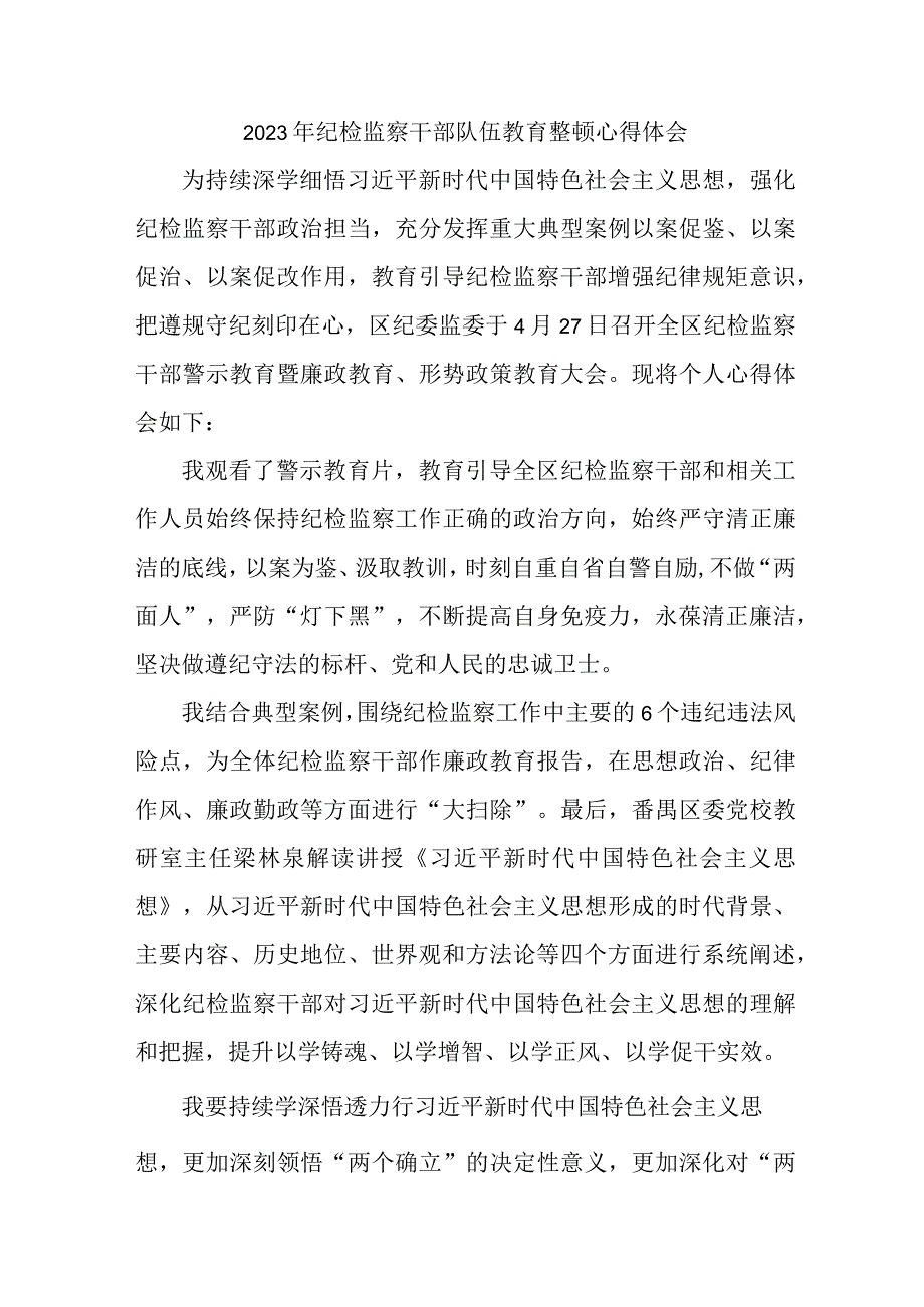 市区医院2023年纪检监察干部队伍教育整顿个人心得体会 （10份）.docx_第1页