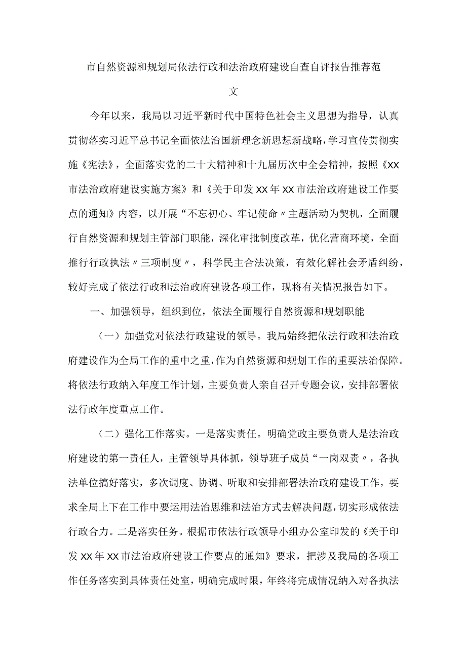 市自然资源和规划局依法行政和法治政府建设自查自评报告推荐范文.docx_第1页