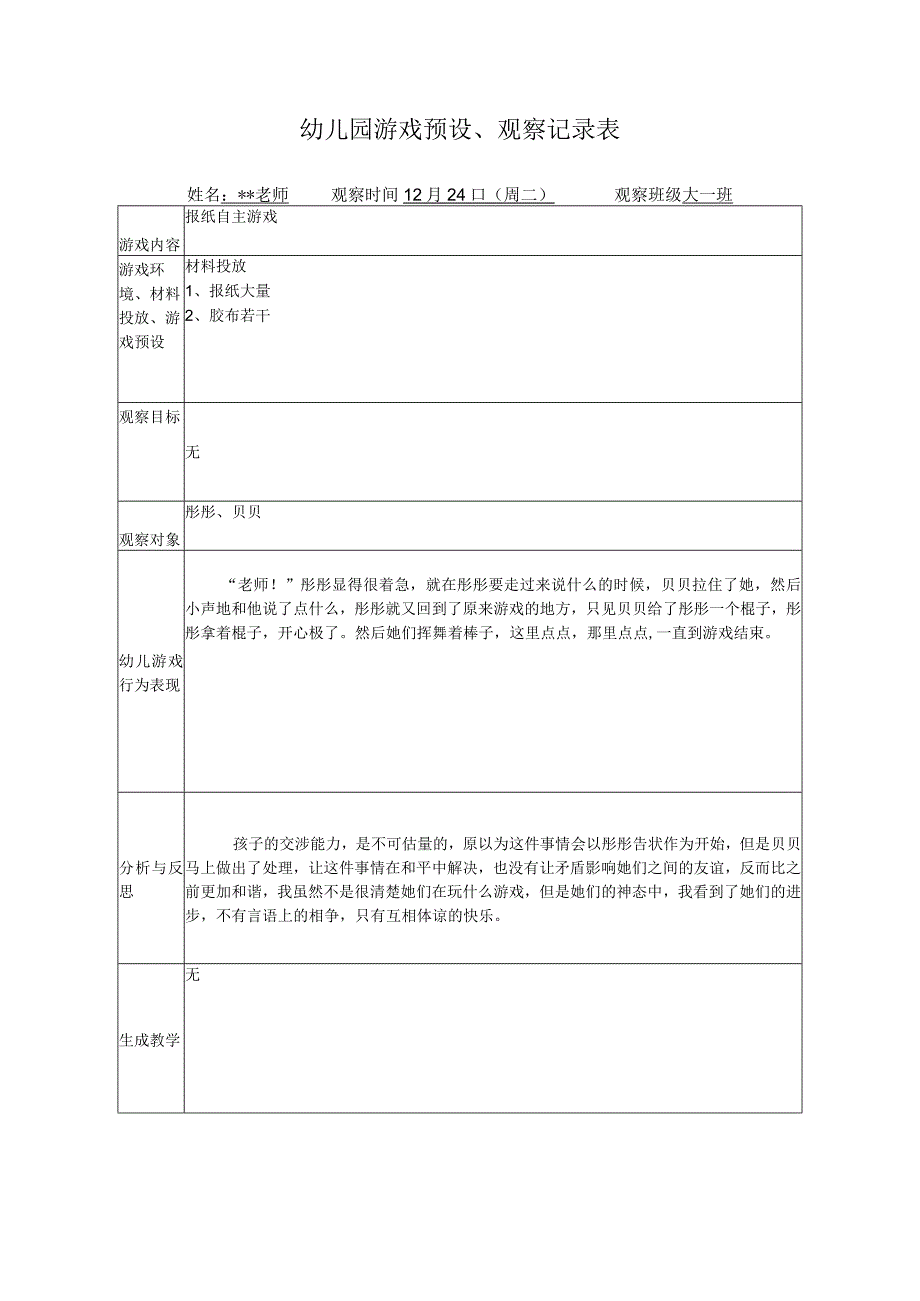 幼儿园游戏预设观察记录表报纸自主游戏.docx_第1页