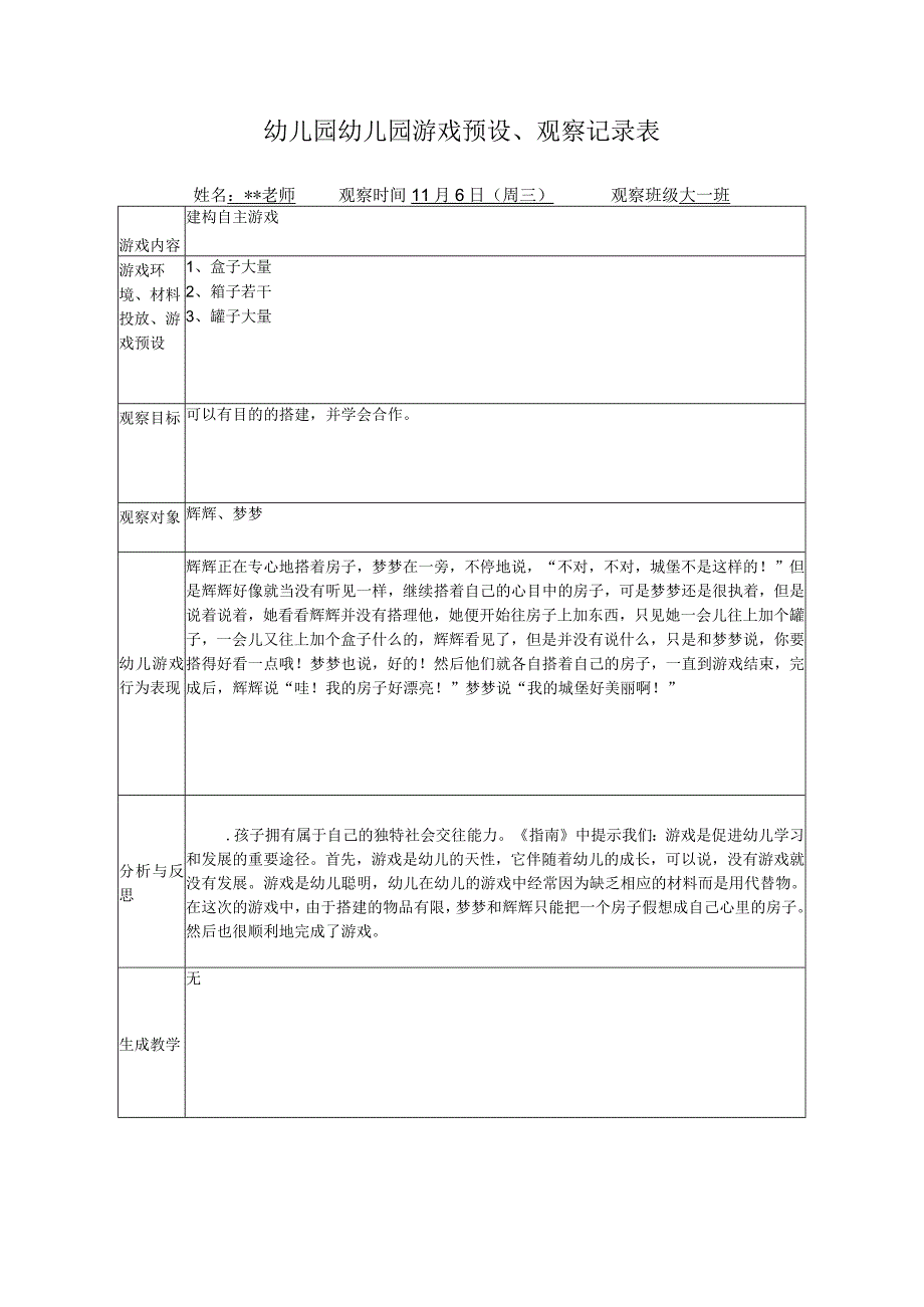 幼儿园幼儿园游戏预设观察记录表建构自主游戏.docx_第1页