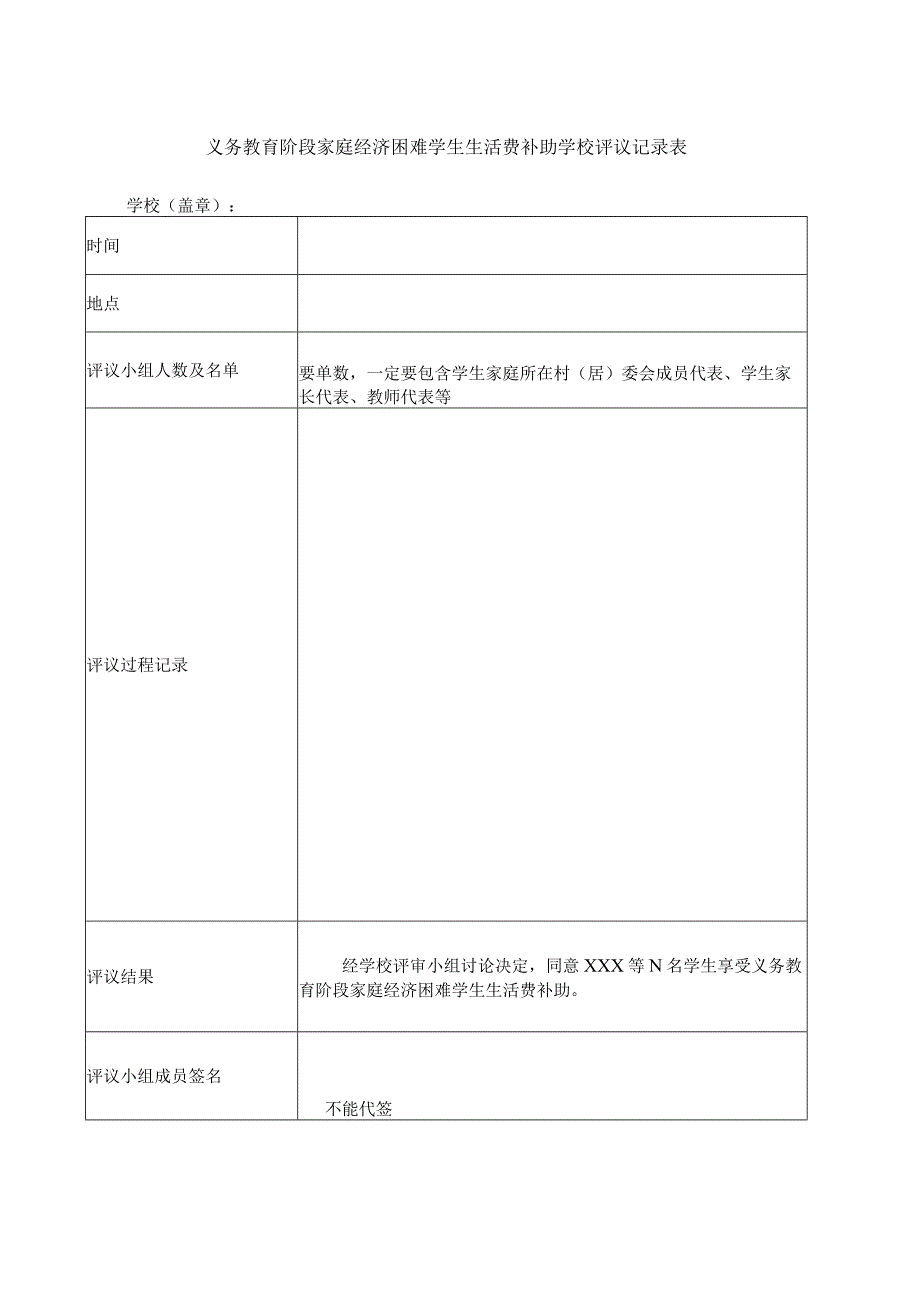 广西义务教育阶段家庭经济困难学生生活费学校评议记录表.docx_第1页