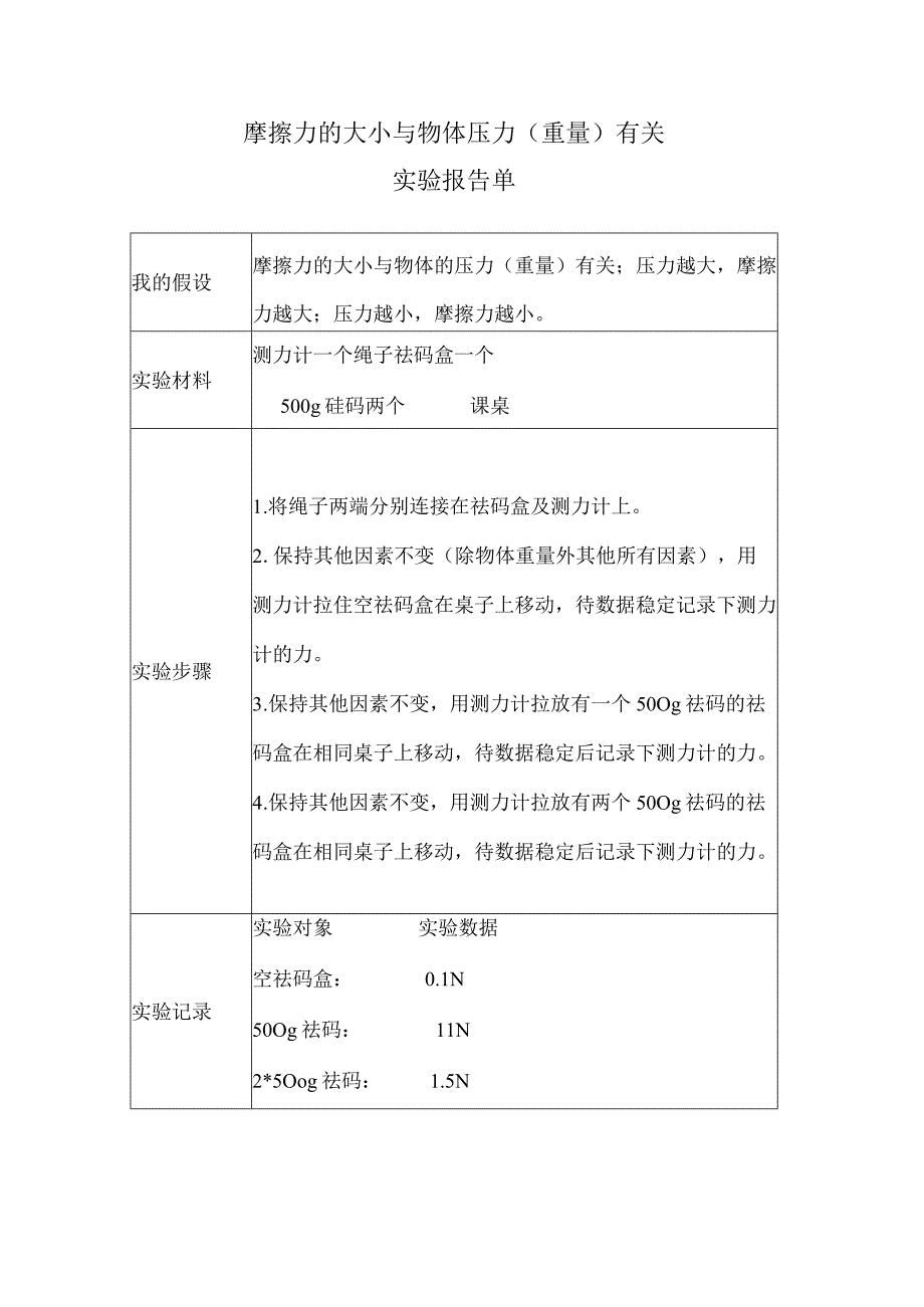 摩擦力的大小与物体的压力（重量）有关实验报告.docx_第1页