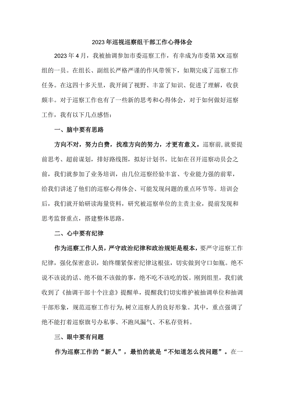 新版市区2023年纪检巡察组巡检工作心得体会 汇编9份.docx_第1页