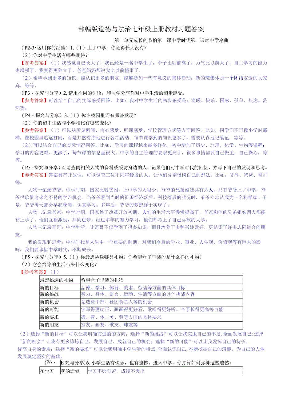 新部编版道德与法治七年级上册教材习题答案.docx_第1页