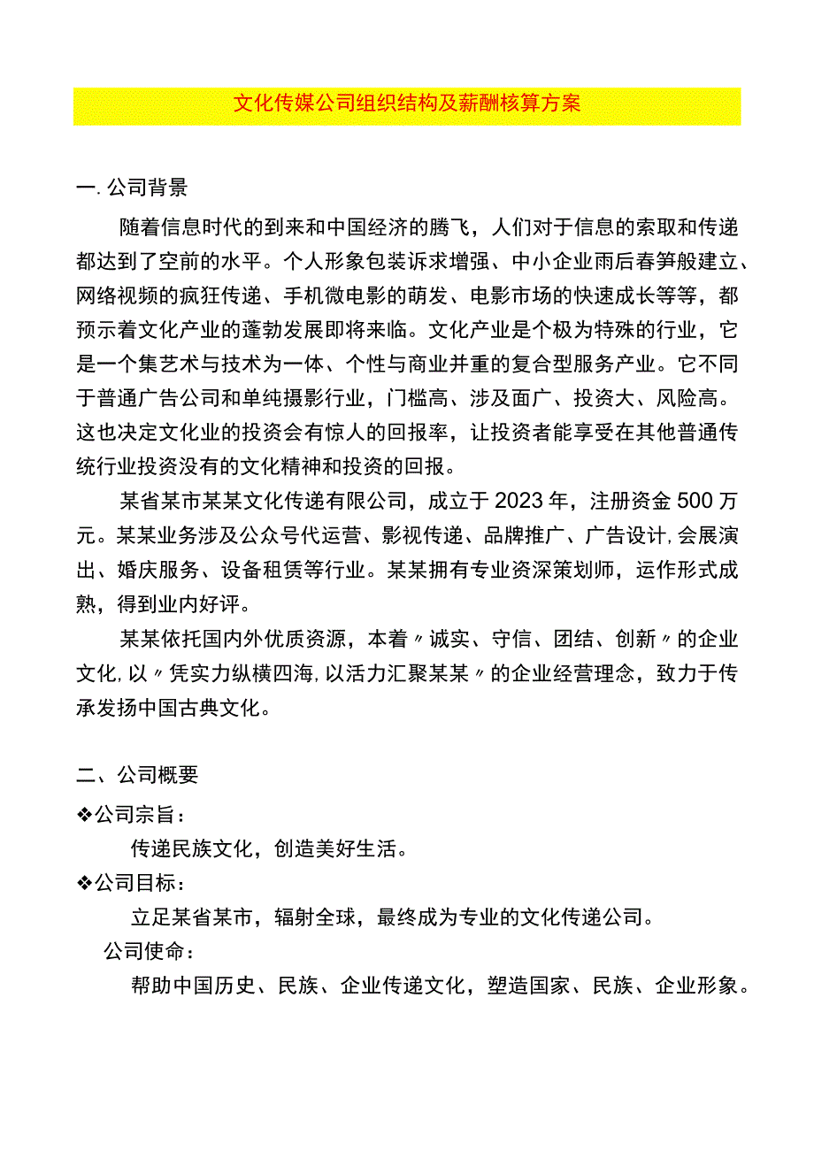 文化传媒公司组织结构及薪酬核算方案.docx_第1页