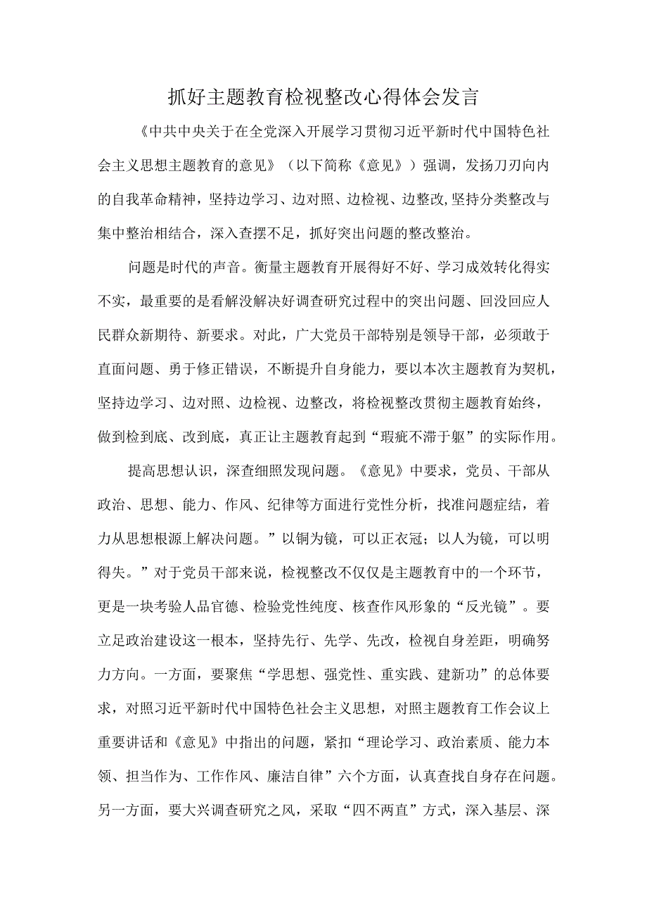 抓好主题教育检视整改心得体会发言.docx_第1页