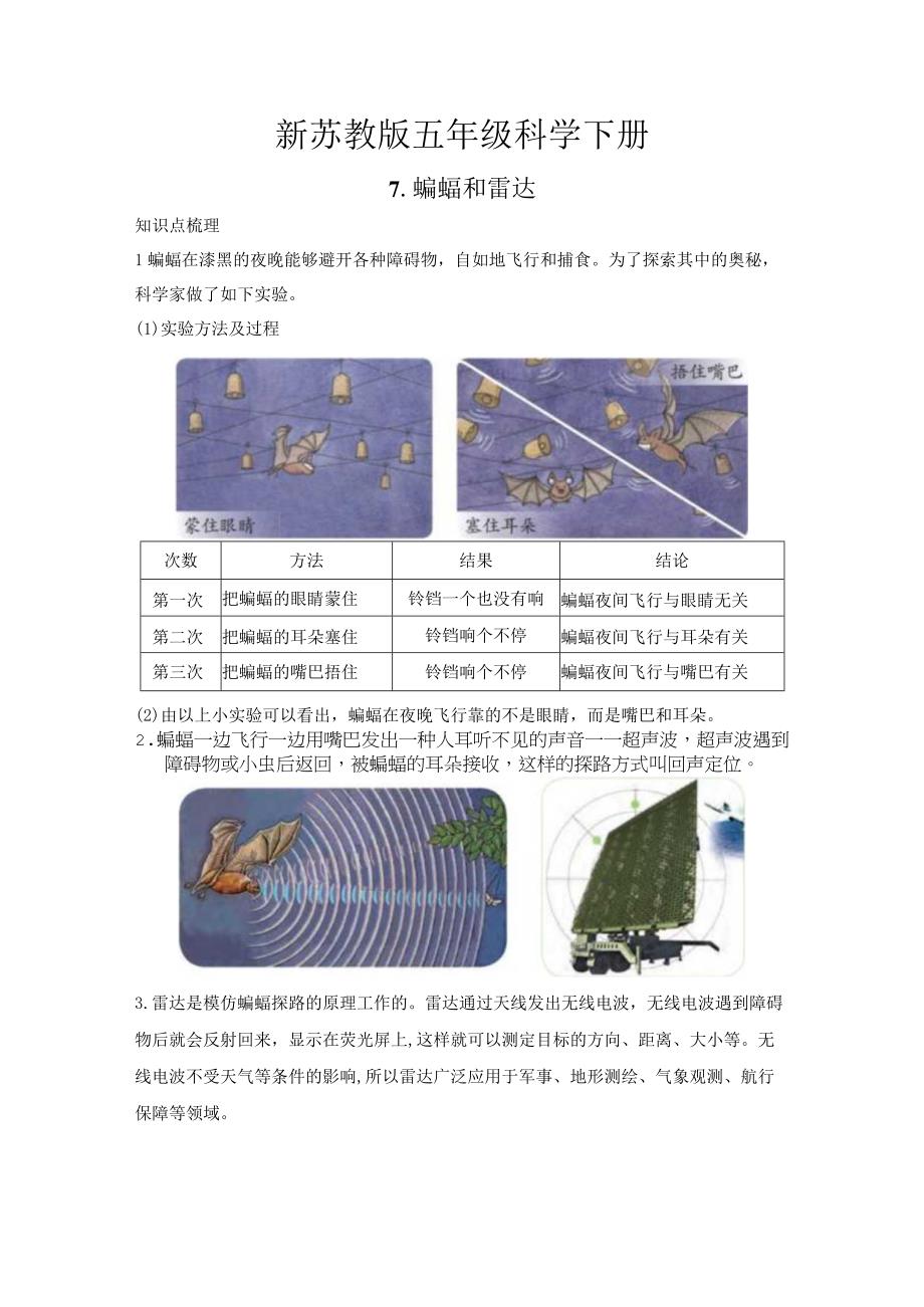 新苏教版五年级科学（下册）7蝙蝠和雷达知识点梳理及经典考题练习.docx_第1页