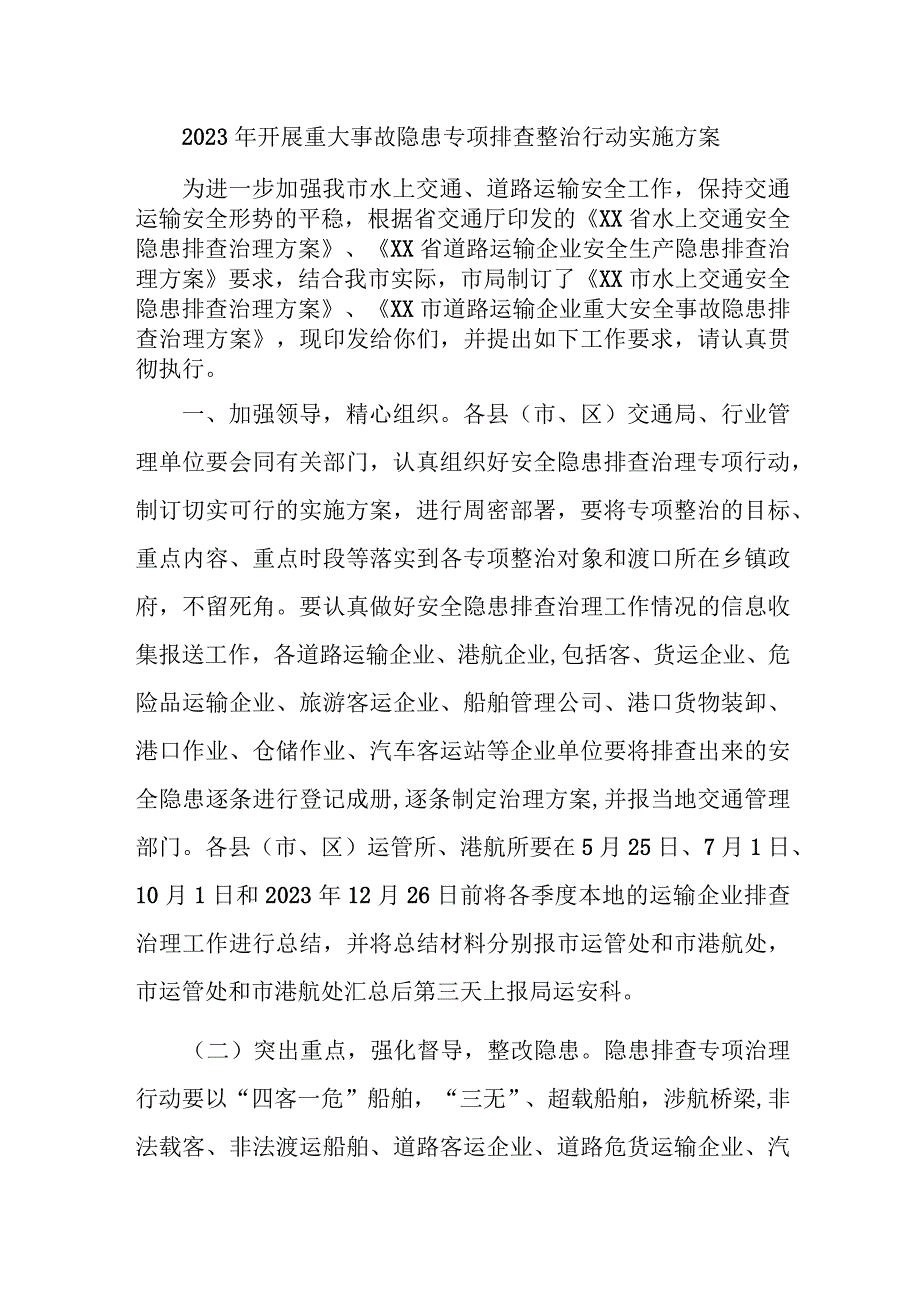 新版市区2023年开展重大事故隐患专项排查整治行动方案 4份.docx_第1页