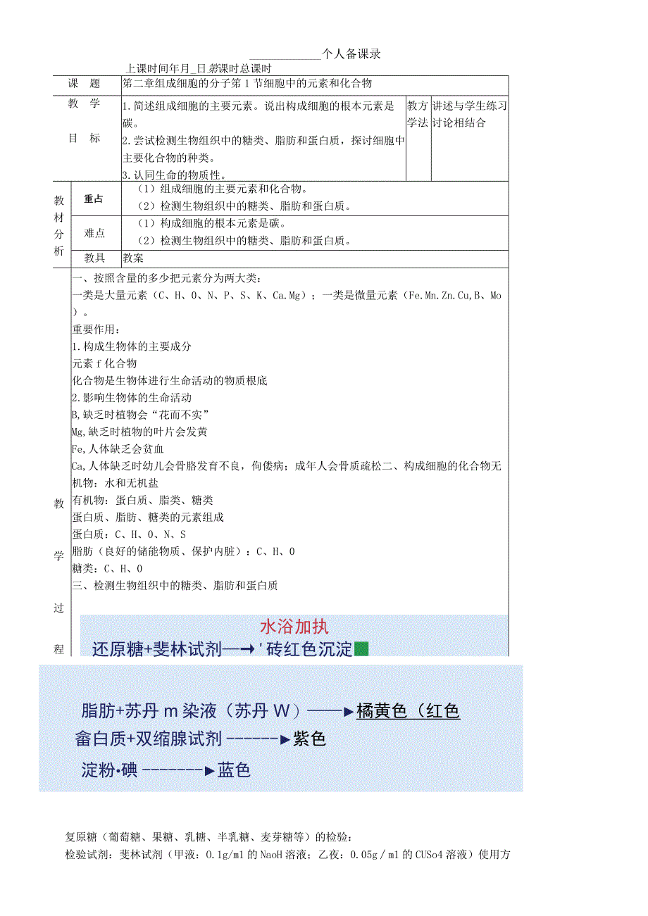 必修一第二章第1节 细胞中的化合物和元素教案.docx_第1页