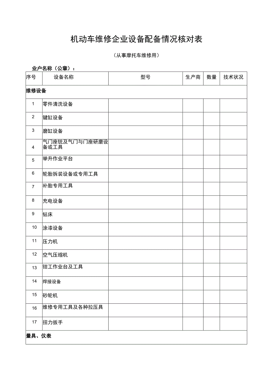 机动车维修企业设备配备情况核对表（从事摩托车维修用）.docx_第1页