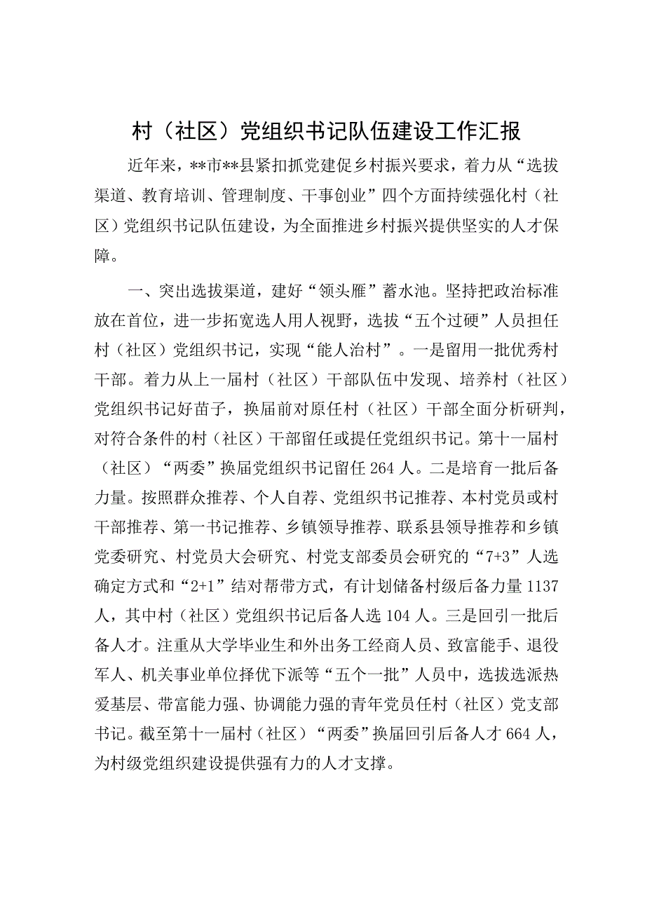 村（社区）党组织书记队伍建设工作汇报.docx_第1页