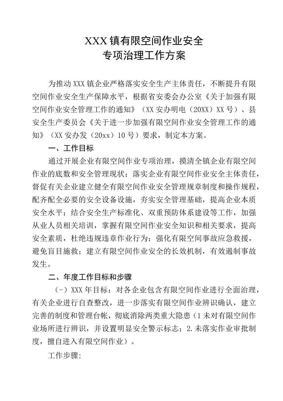 有限空间作业安全专项治理工作方案.docx_第1页