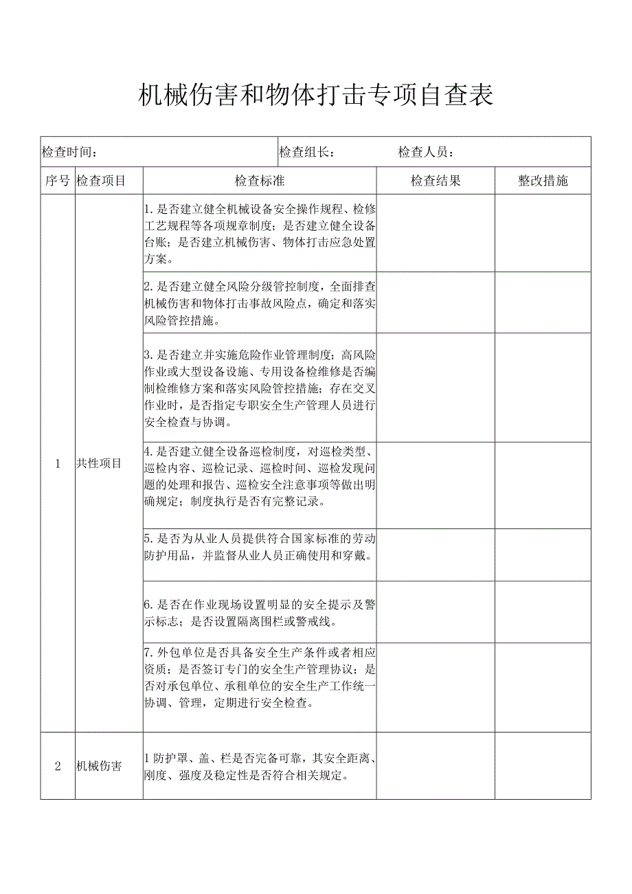 机械伤害和物体打击专项自查表.docx_第1页